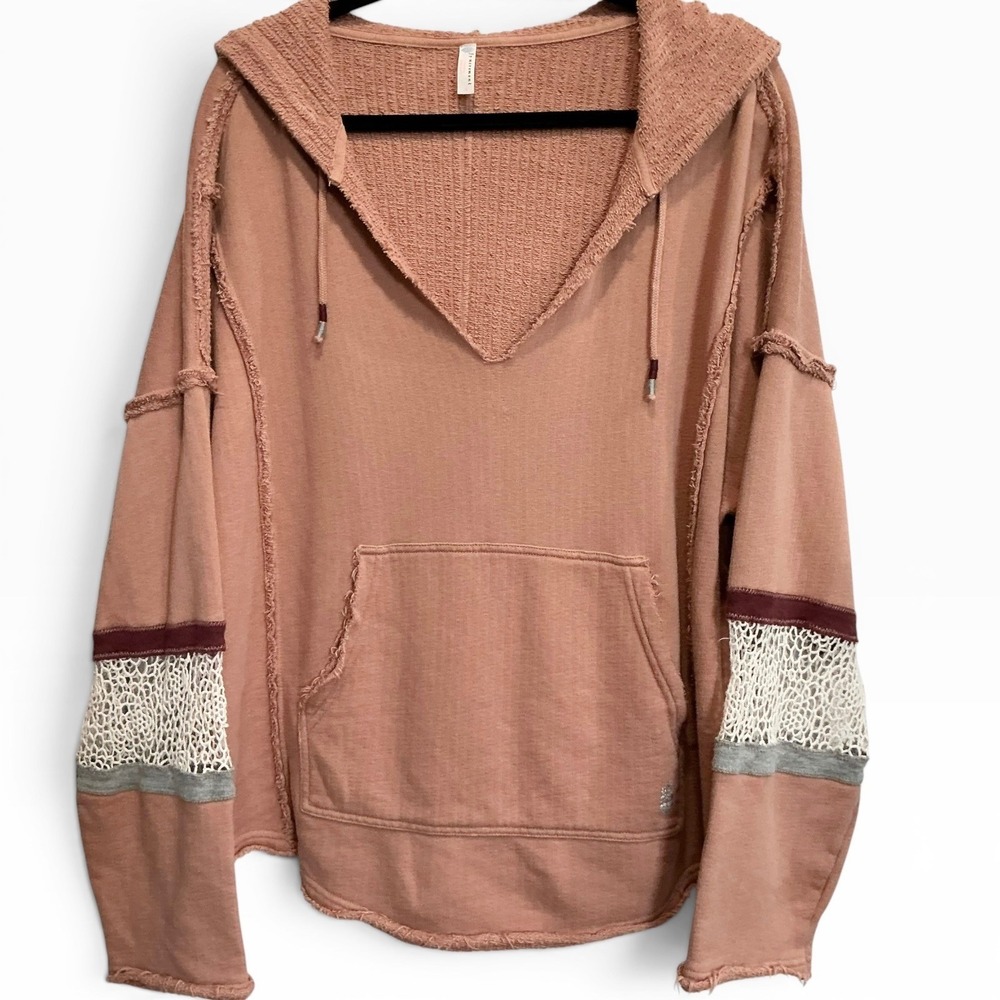 Free People Movement Dream Catcher Hoodie Oversized Rose Pink Crochet Lace Large - Picture 1 of 5